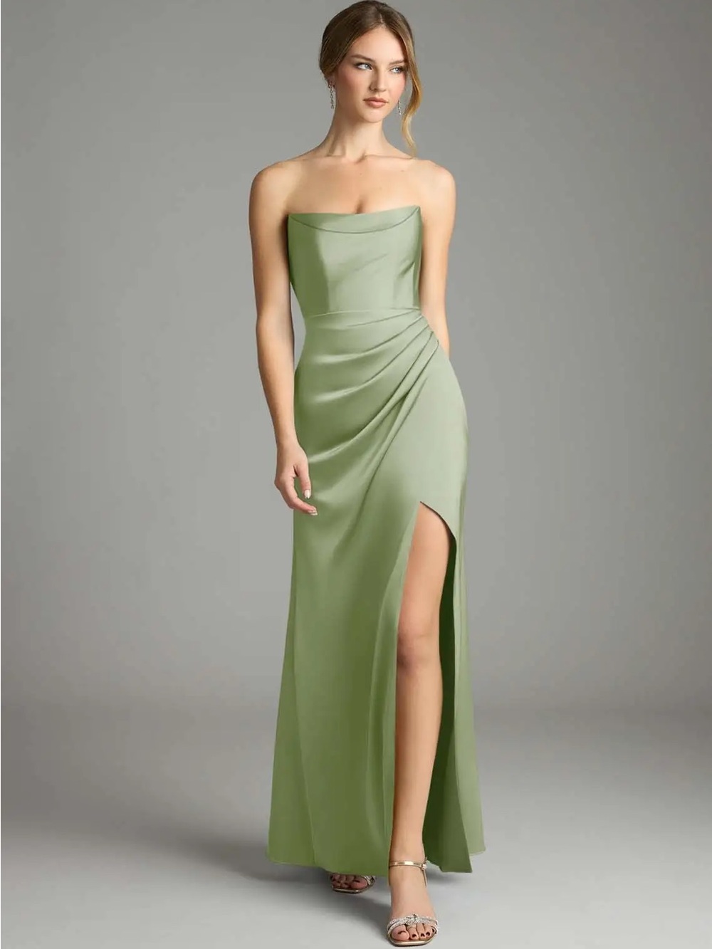 Azazie Leonis Dusty Sage Mermaid Pleated Stretch Satin Convertible Dress